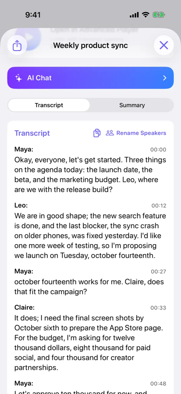 A meeting transcript with three named speakers and timestamps